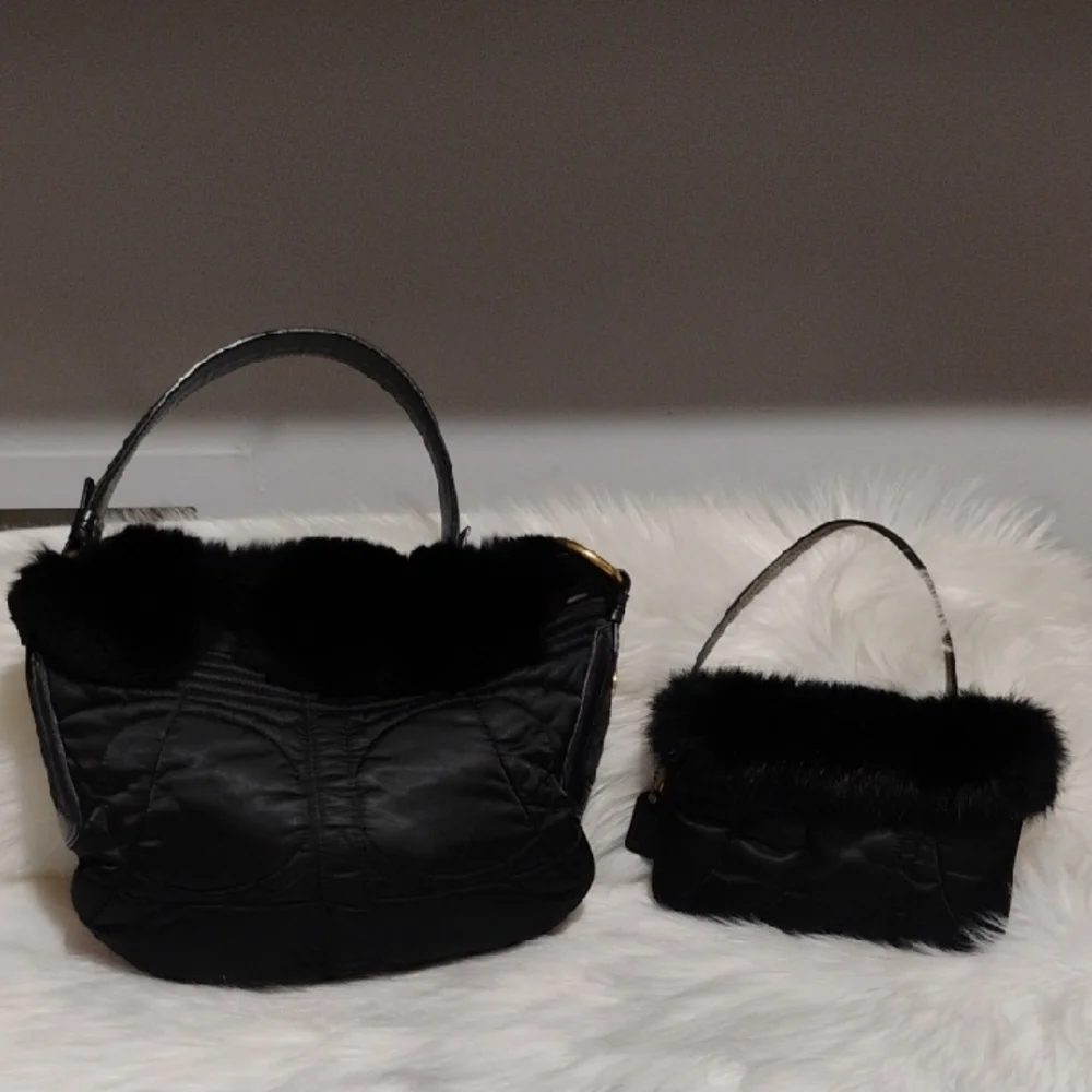 Coach Y2K Black Shoulder Bag W Rabbit Fur Trim & Matching Wallet/Wristlet Bundle
